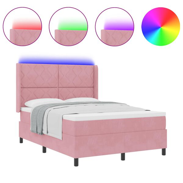 vidaXL LED l&aring;da med fj&auml;drar och madrass Rosa 160 x 200 cm Sammet