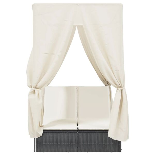 vidaXL Dubbel solsäng med tak och dynor svart konstrotting