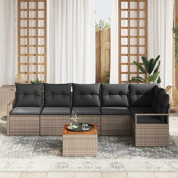 vidaXL Trädgårdsoffset med kudde 7 pcs Grå Poly rattan