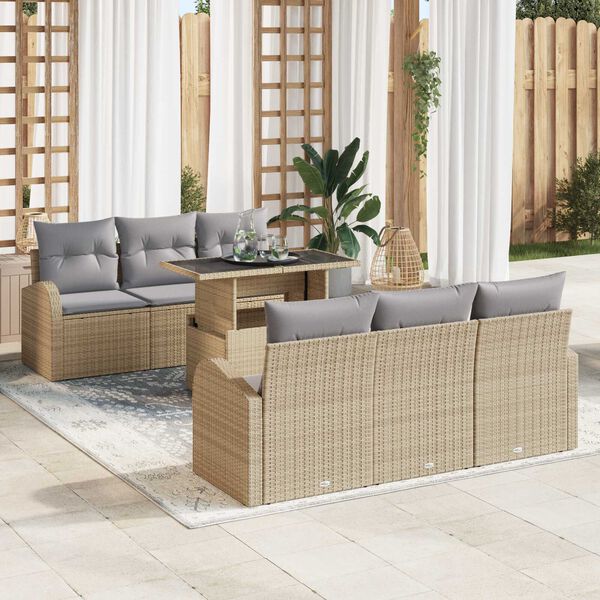 vidaXL Tr&auml;dg&aring;rdsoffset med kudde med lagring 7 pcs Beige Poly Rattan