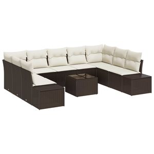 vidaXL Tr&auml;dg&aring;rdsoffset med kudde 9 pcs Brun och Kr&auml;m Polyrattan