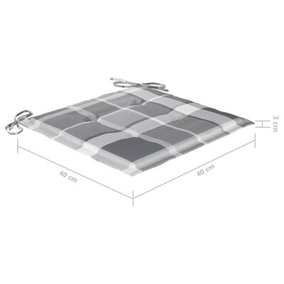 vidaXL Caféset 3 delar med dynor grått rutmönster massiv teak
