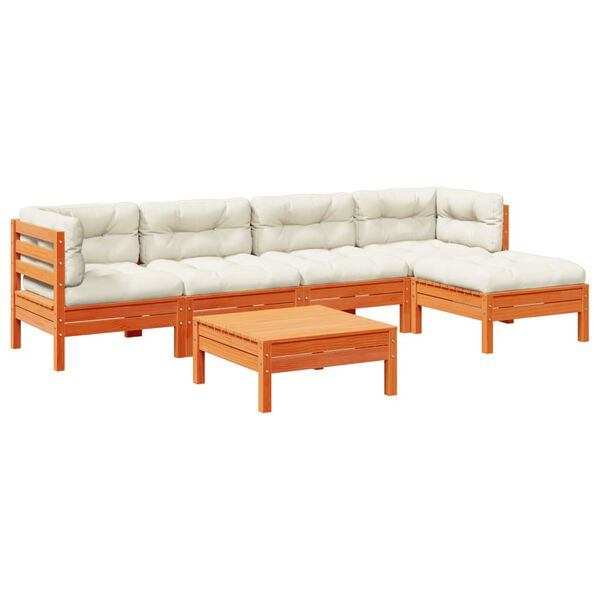 vidaXL Soffgrupp f&ouml;r tr&auml;dg&aring;rden med dynor 6 delar vaxbrun massiv furu