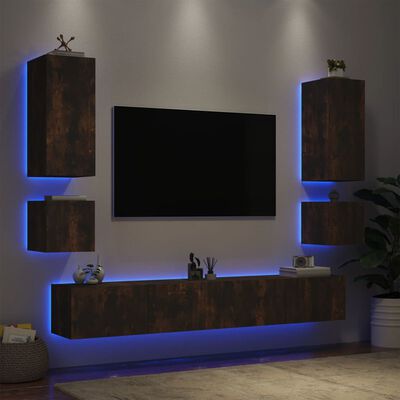 vidaXL Väggmonterade tv-skåp 4 delar med LEDs rökfärgad ek