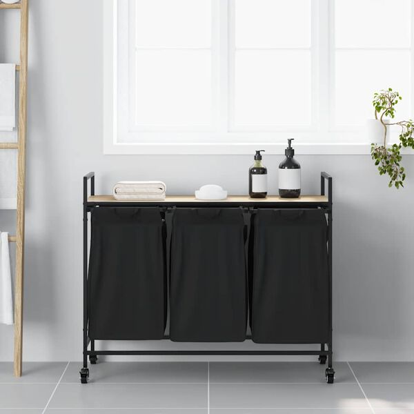 vidaXL Tvättkorg 3 fack med hjul sonoma-ek