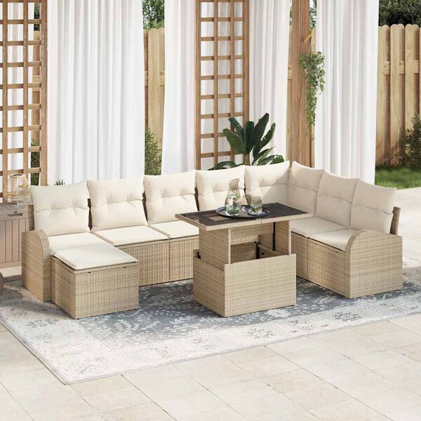 vidaXL Trädgårdsoffset med lagring 9 pcs Beige Poly rattan