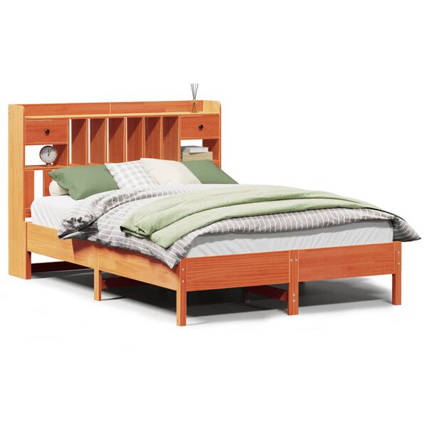 vidaXL Säng med bokhylla utan madrass vaxbrun 150x200cm massiv furu