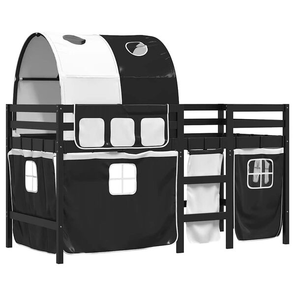 vidaXL Loftsäng med tunnel vit&svart 90x200 cm massiv furu