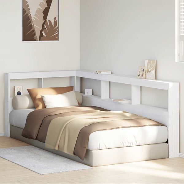 vidaXL Bokhylla s&auml;nggavel L-formad vit 90 cm massiv furu