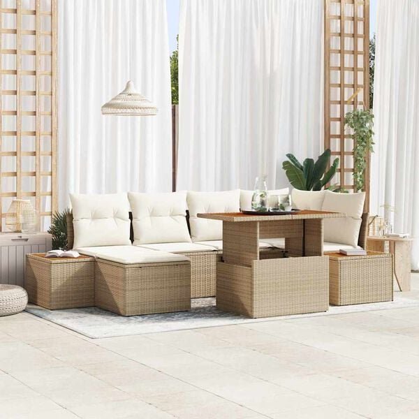 vidaXL Trädgårdsoffset med lagring 7 pcs Beige Poly rattan