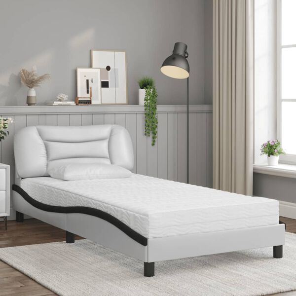 vidaXL Bed with Mattress "Hvar" White and Black 100x200 cm Faux Leather