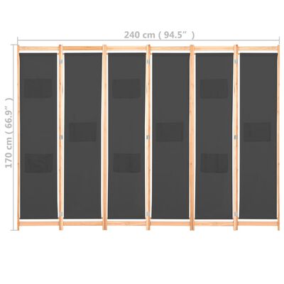 vidaXL Rumsavdelare 6 paneler 240x170x4 cm grå tyg