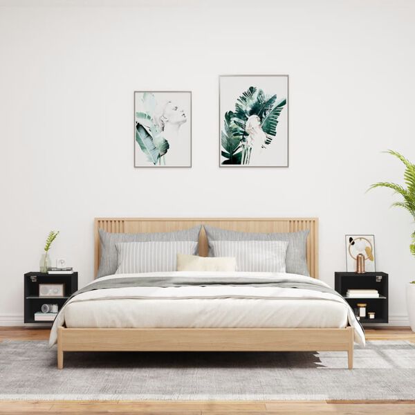 vidaXL V&auml;ggmonterade s&auml;ngbord med LED-lampor 2 st svart