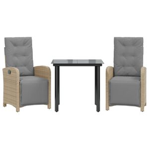vidaXL Bistrogrupp med dynor 3 delar beige konstrotting