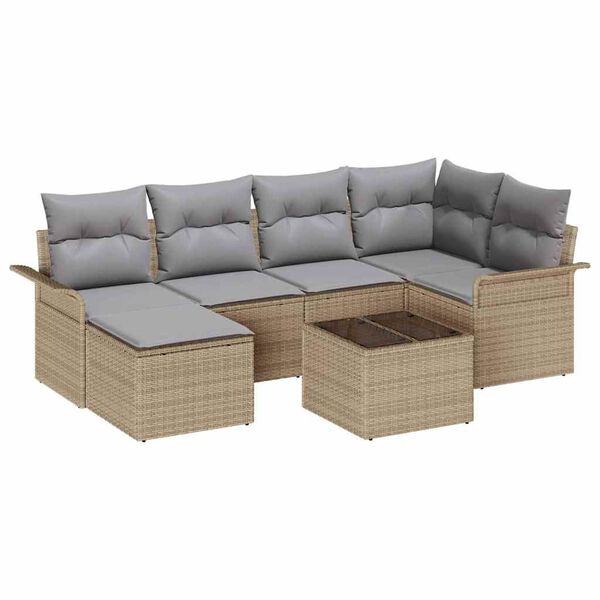 vidaXL Tr&auml;dg&aring;rdsoffset med kudde 7 pcs Beige Poly rattan