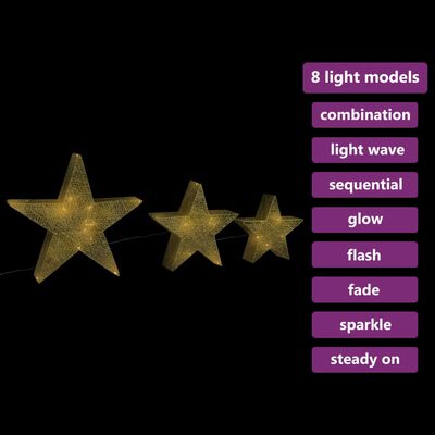 vidaXL Juldekoration med LED stjärnor 3 st nät guld inne/ute