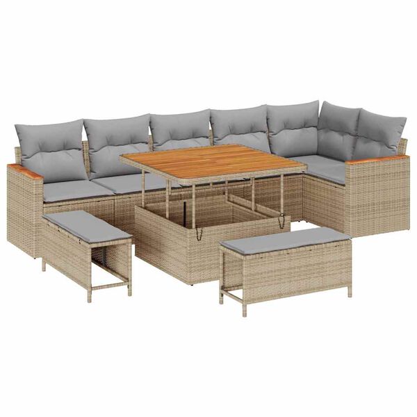 vidaXL Tr&auml;dg&aring;rdsoffset med kudde 9 pcs Beige Poly rattan