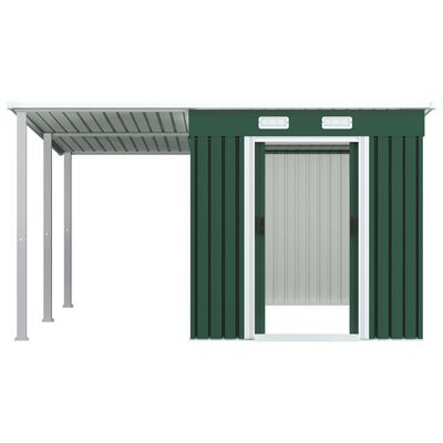 vidaXL Trädgårdsbod med förlängt tak grön 336x270x181 cm stål