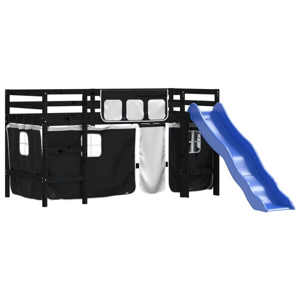 vidaXL Loftsäng med gardiner vit&svart 80x200 cm massiv furu