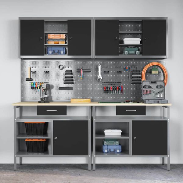 vidaXL Arbetsb&auml;nkset med l&aring;da 8 pcs Svart 200 x 55 x 200 cm St&aring;l