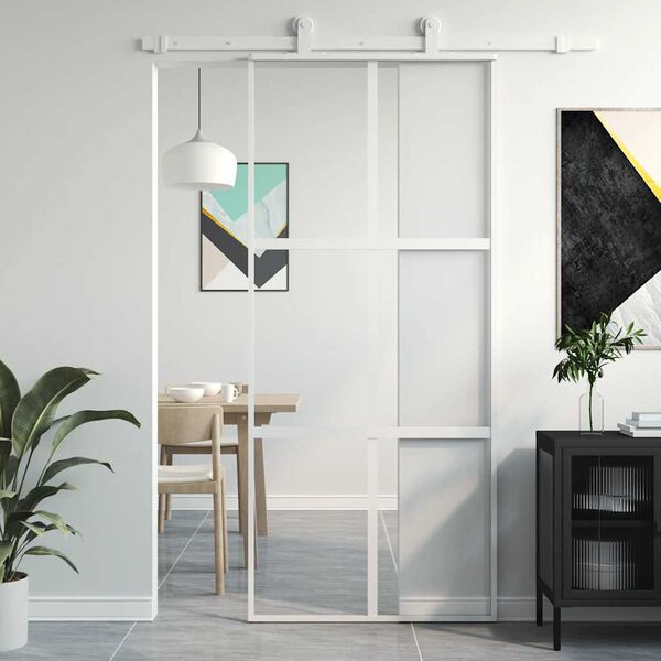 vidaXL Skjutd&ouml;rr vit 90x205 cm h&auml;rdat glas och aluminium