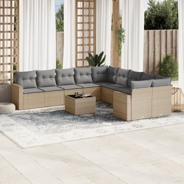 vidaXL Loungegrupp f&ouml;r tr&auml;dg&aring;rden m. dynor 11 delar beige konstrotting