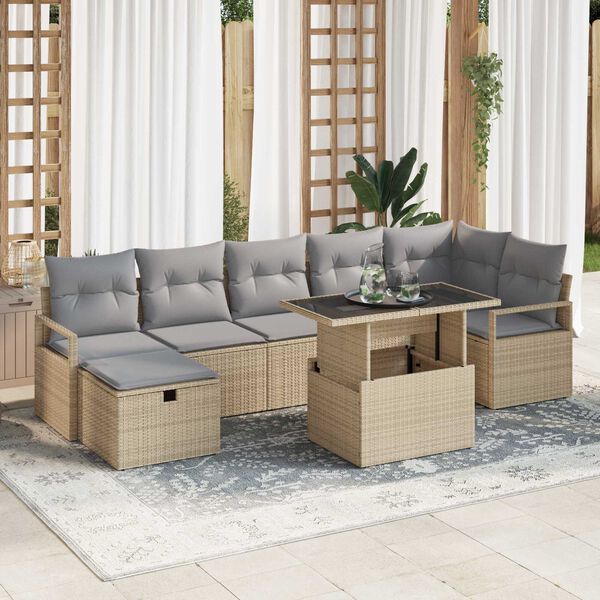 vidaXL Tr&auml;dg&aring;rdsoffset med kudde med lagring 8 pcs Beige Poly rattan