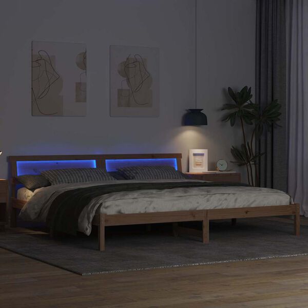 vidaXL Sängram med LED -remsljus Brun 200 x 200 cm Massiv furu