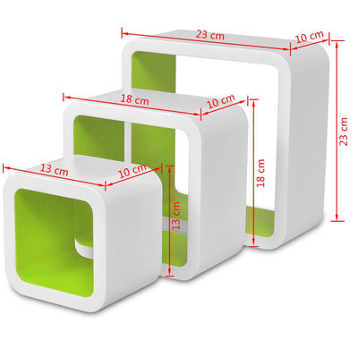 3 Flytande vägghyllor el. förvaring i MDF kubform vit/grön