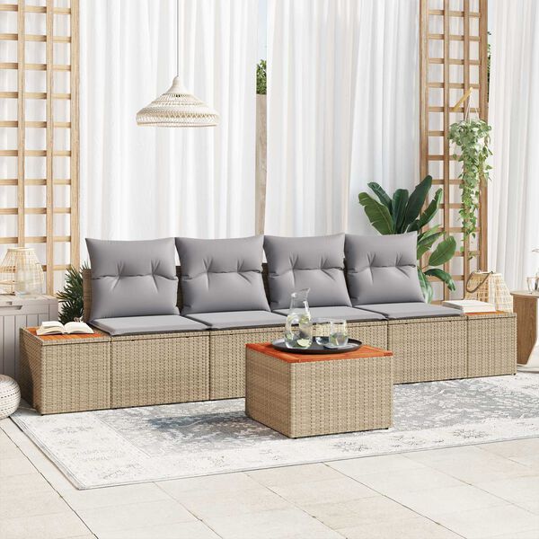 vidaXL Tr&auml;dg&aring;rdsoffset med kudde med lagring 5 pcs Beige Poly rattan