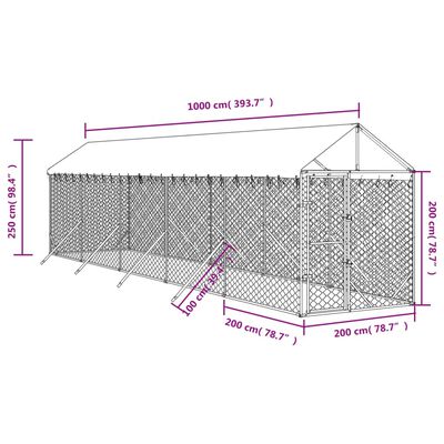 vidaXL Hundgård med tak silver 2x10x2,5 m galvaniserat stål