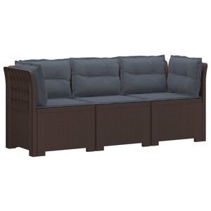 vidaXL 3-sits tr&auml;dg&aring;rdsoffa med kuddar Rattan-look PP Brun