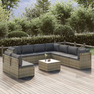 vidaXL Loungegrupp för trädgården med dynor 10 delar grå konstrotting