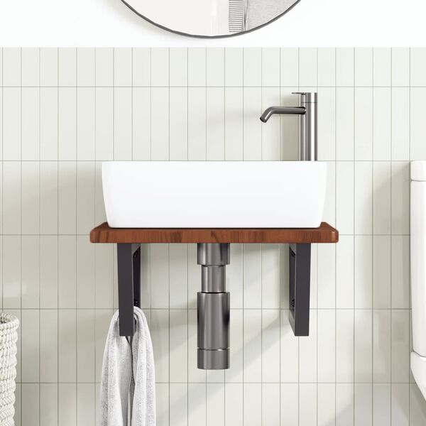 vidaXL Väggmonterad handfatshylla stål och massiv ek