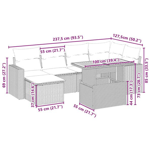 vidaXL Matgrupp för trädgården med dynor 7 delar beige konstrotting