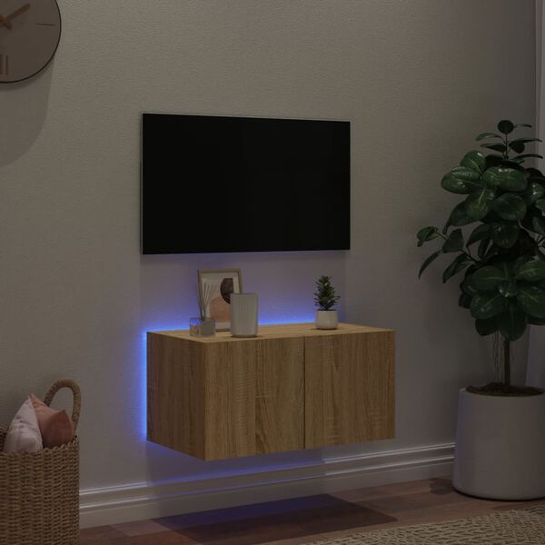 vidaXL Väggmonterad tv-bänk LED sonoma-ek 60x35x31 cm