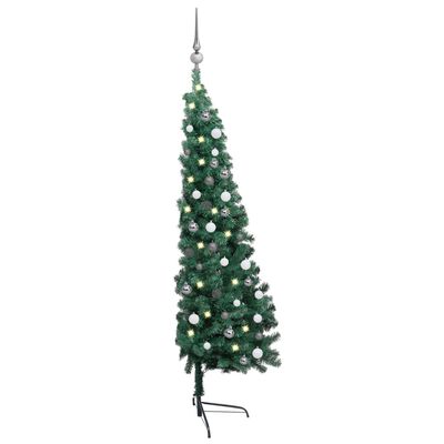 vidaXL Halv plastgran med LED och julgranskulor grön 120 cm
