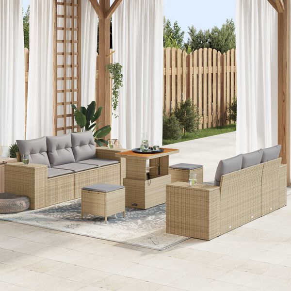 vidaXL Tr&auml;dg&aring;rdsoffset med kudde 9 pcs Beige och Ljusgr&aring; Poly Rattan