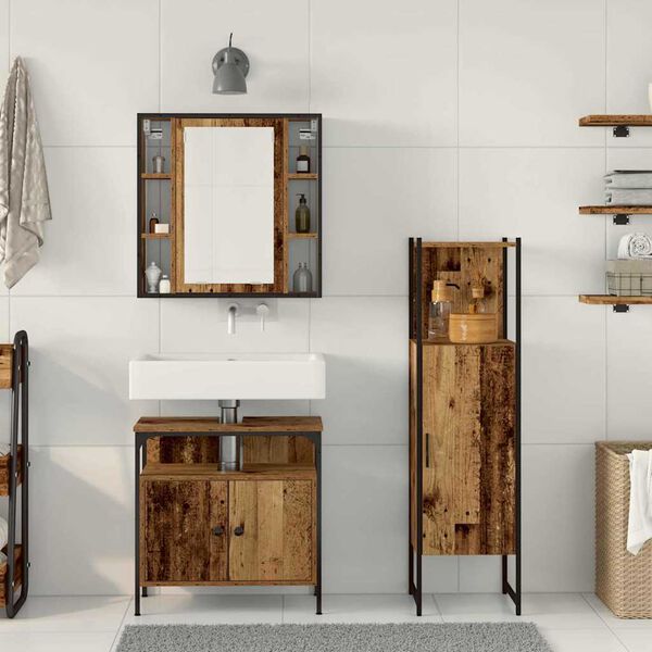 vidaXL Badrumsm&ouml;belset med hylla med d&ouml;rr 3 pcs Brun Konstruerat tr&auml;