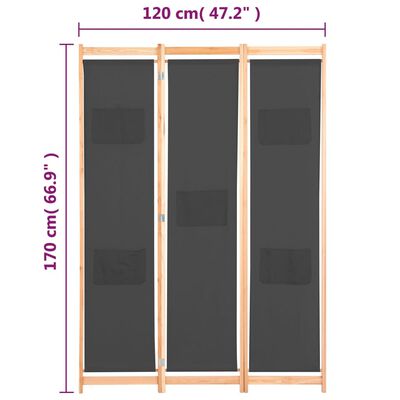 vidaXL Rumsavdelare 3 paneler 120x170x4 cm grå tyg