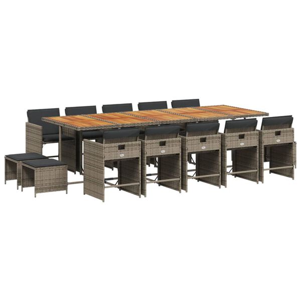 vidaXL Matgrupp f&ouml;r tr&auml;dg&aring;rden med dynor 15 delar gr&aring; konstrotting