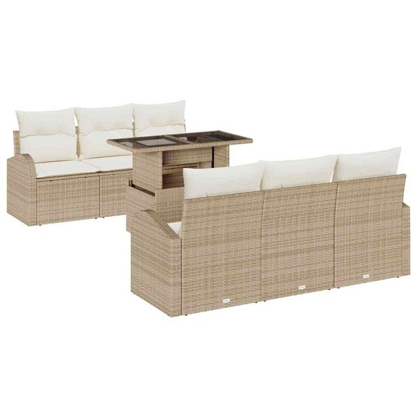 vidaXL Trädgårdsoffset med kudde 7 pcs Beige Poly rattan