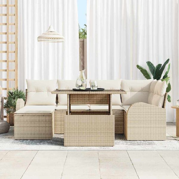 vidaXL Tr&auml;dg&aring;rdsoffset med lagring 7 pcs Beige Poly rattan