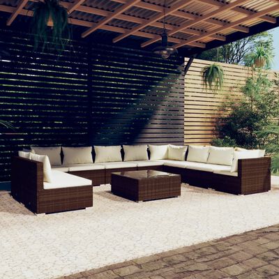 vidaXL Loungegrupp för trädgården m. dynor 11 delar brun konstrotting