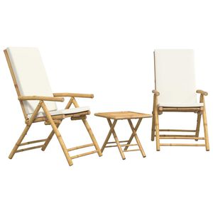 vidaXL Caf&eacute;set f&ouml;r tr&auml;dg&aring;rden med gr&auml;ddvita dynor 3 delar bambu