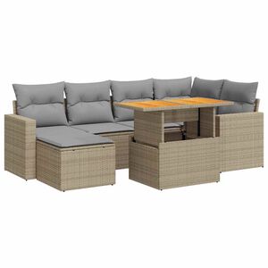 vidaXL Matgrupp f&ouml;r tr&auml;dg&aring;rden med dynor 7 delar beige konstrotting
