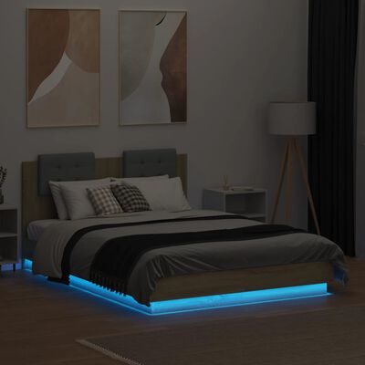vidaXL Sängram med huvudgavel och LEDs sonoma-ek 140x190 cm