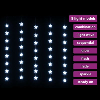 vidaXL Ljusgardin med stjärnor 200 lysdioder kallvit 8 funktioner