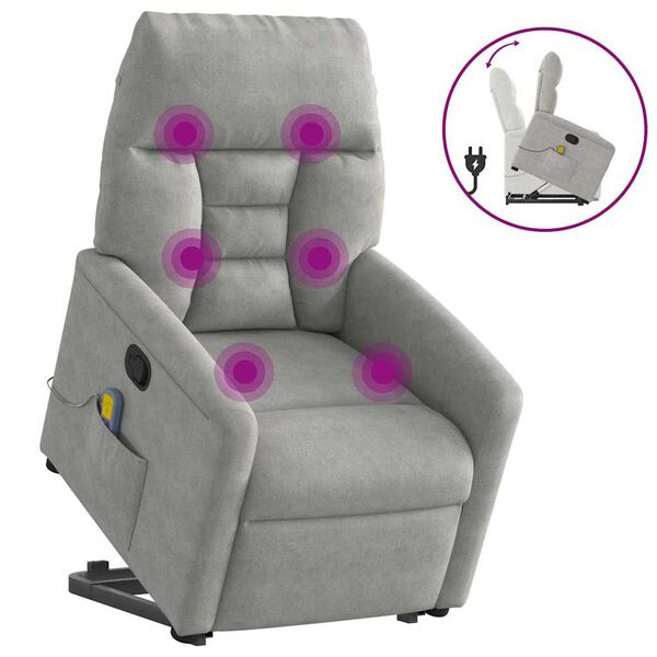 vidaXL Massagef&aring;t&ouml;lj med uppresningshj&auml;lp ljusgr&aring; mikrofibertyg