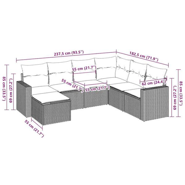 vidaXL Tr&auml;dg&aring;rdssoffset med dynor 7 delar brun konstrotting